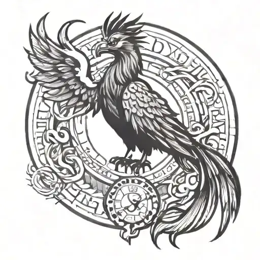 Black Ink Phoenix Tattoo With Roman Numerals With Circle Emblem Flat