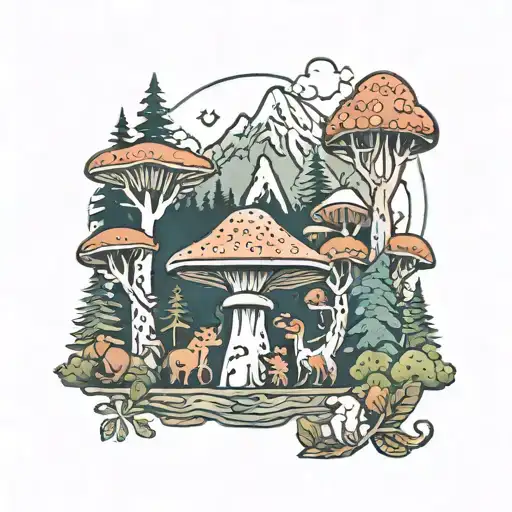 Mushroom And Forest Animals With Mountains