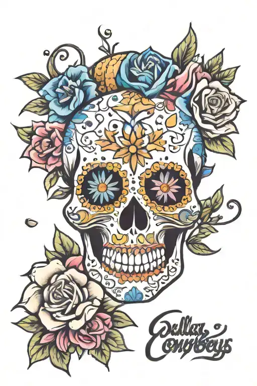 Sugar Skull Dallas Cowboys Girly With Flowers Surrounding