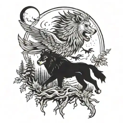 A Black An White Tattoo With An Eagle Flying A Wolf In The Woods And A Lion Roaring In A Full Moon