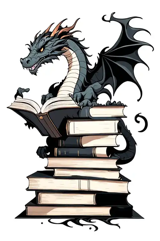 Sophisticated Black And Grey Dragon Next To A Tower Of Books While Reading