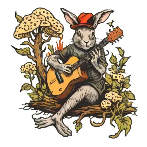 Rabbit In The Woods Vibing To Music And Playing Guitar Surrounded By Morel Mushrooms