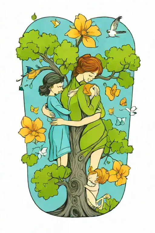 Mother Embracing Boy And Girl Tree Growing