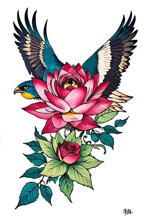 Lotus Flower And Rose And Eyes And Falcon Soaring