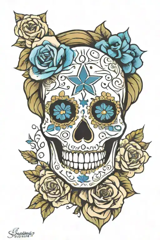 Sugar Skull Dallas Cowboys Girly With Blue Flowers Surrounding