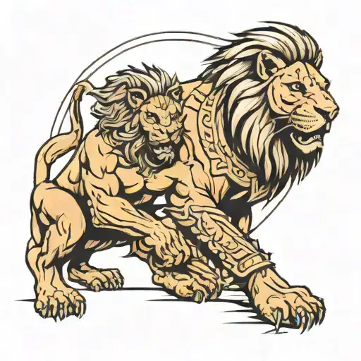 Spartan And Lion Crouching Next To It