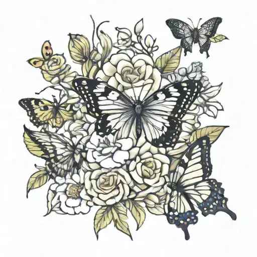 Butterflies And Different Types Of Flowers Growing