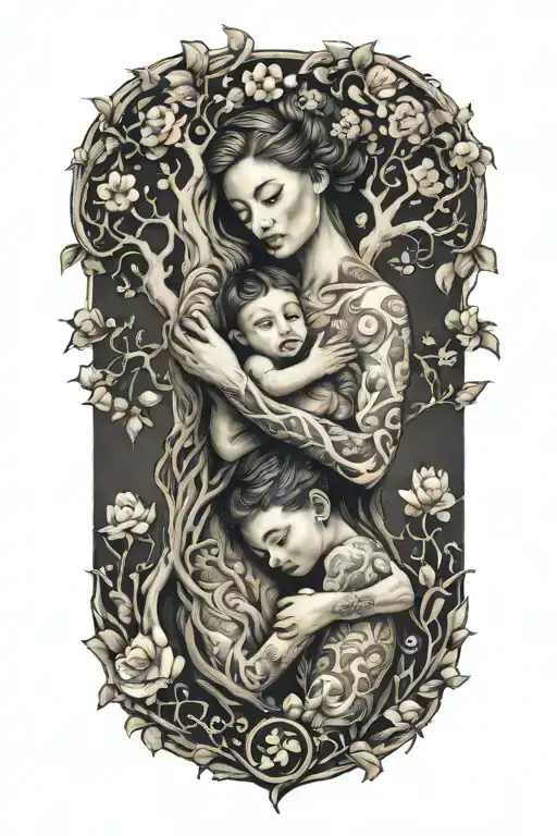 Mother Embracing Boy And Girl Tree Growing