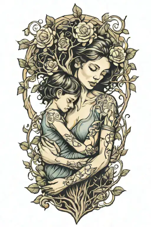 Mother Embracing Boy And Girl Tree Growing