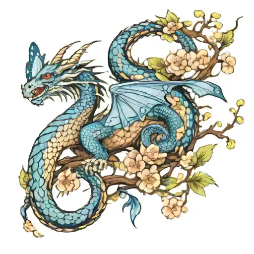 Realistic Dragon With Charry Blossom Tree And Blue Butterflies