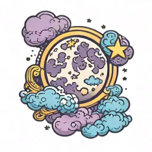 Moon With Clouds And Stars In Purple And Blue