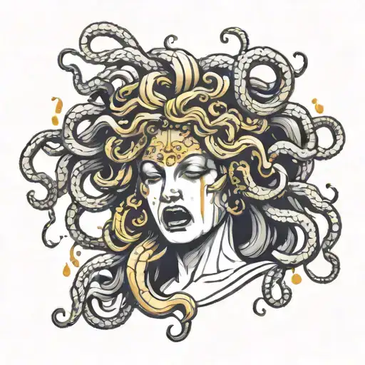 A Black And White Statue Of Medusa Crying Gold Tears