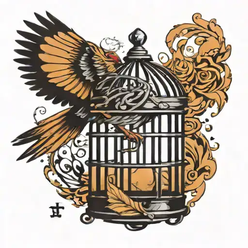 Bird Breaking Free From Cage Chased By Shadows Pull Him Back