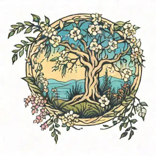 Willow Tree Surrounded By Wild Flowers Blooming