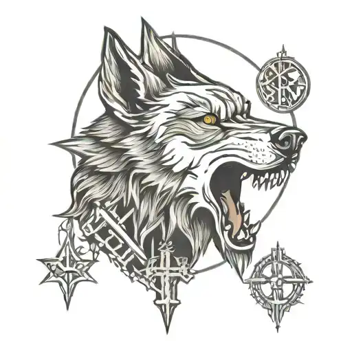 Lone Wolf Howling With 3 Crosses