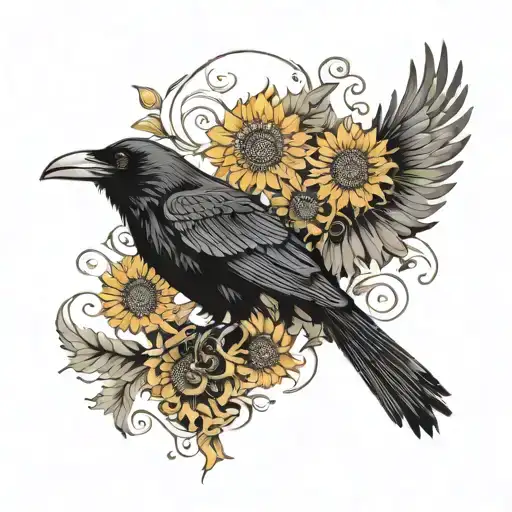 Raven Surrounded By Sunflowers And Intricate Scrollwork