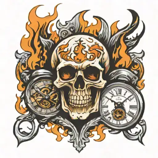 Skull Crosses A Clock And Flames
