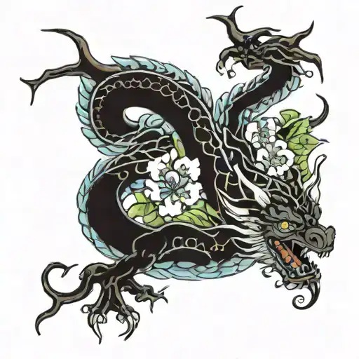 Flowers Leafs Cherry Blossom Raped Around A Dragon