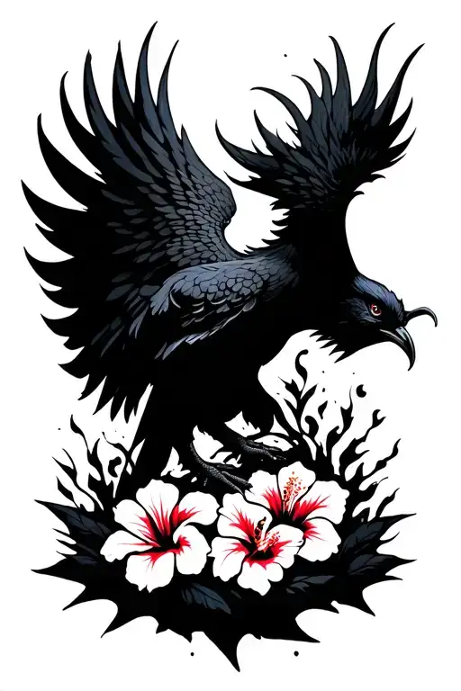 Phoenix Rising From Ashes With Hibiscus Flowers