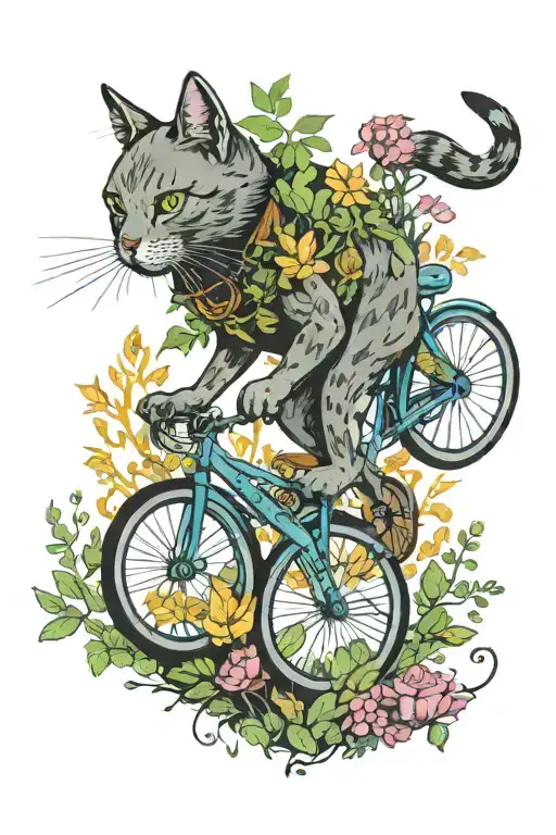 A Whimsical Scene Of A Cat Riding A Bicycle Through A Forest