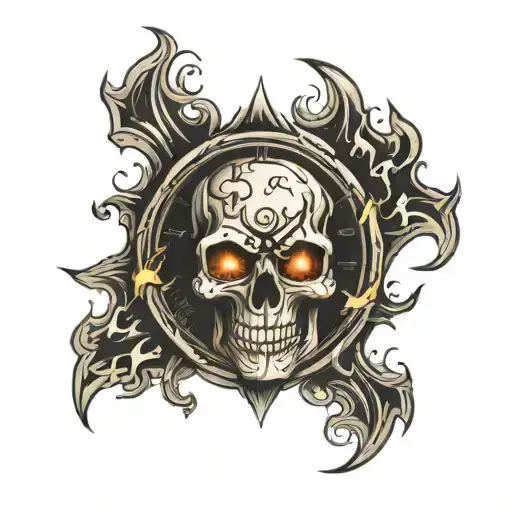 Skull Clock And Flames