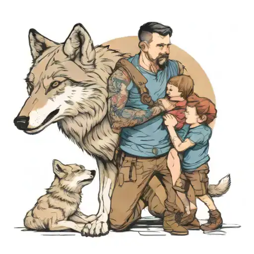 Man Protecting Two Kids From A Large Wolf