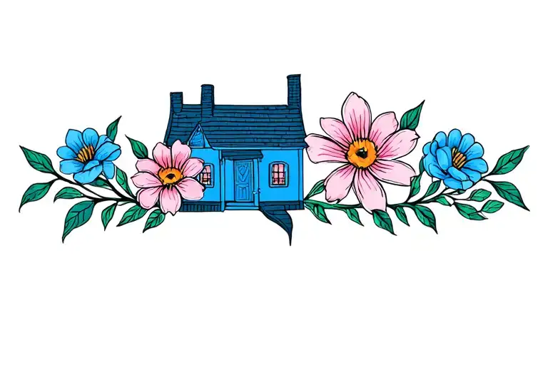 Little Blue House With 3 Flowers