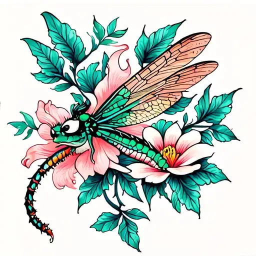 Dainty Art Deco Dragon Fly With A Flower