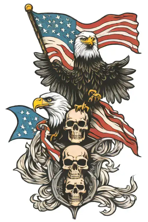 Scull And Bald Eagle With An American Flag Waving Black And White