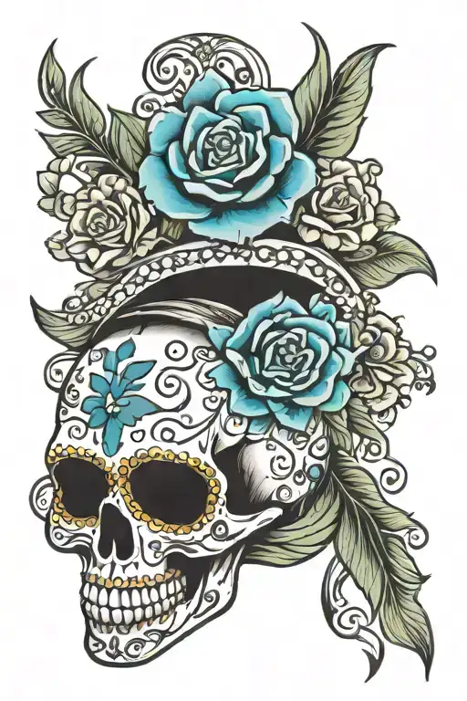 Sugar Skull Dallas Cowboy's Feminine Flowers Surrounding