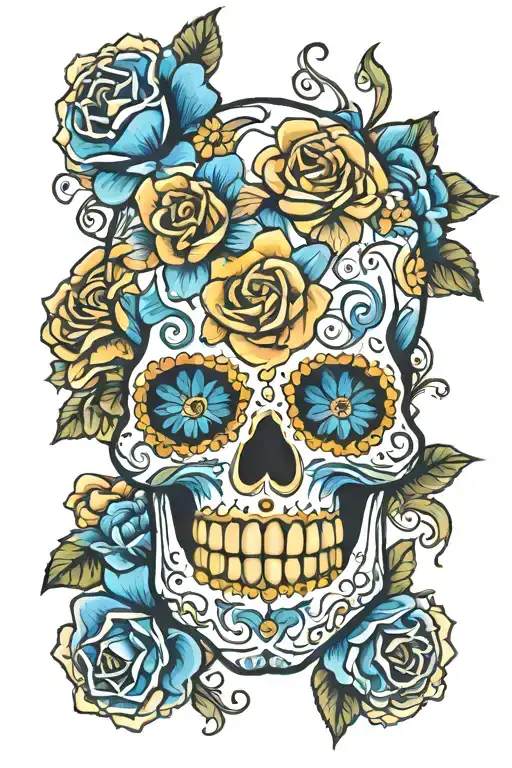 Sugar Skull Blue Flowers Surrounding
