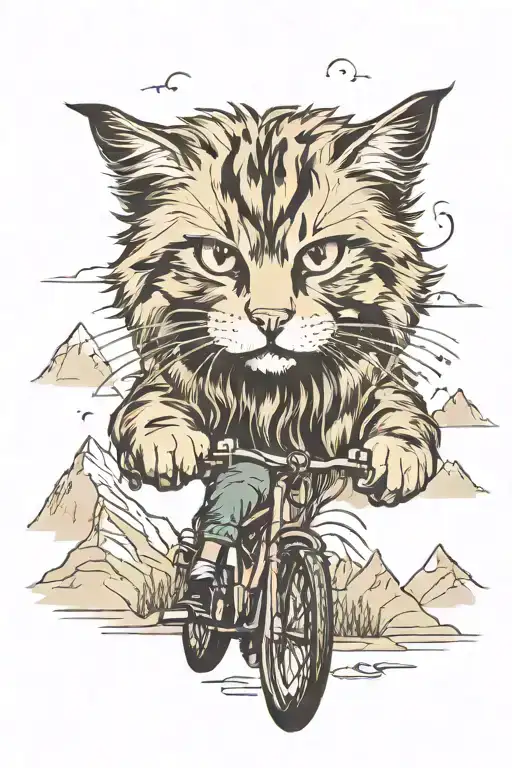 Siberian Cat On Bike With Mountains Panorama