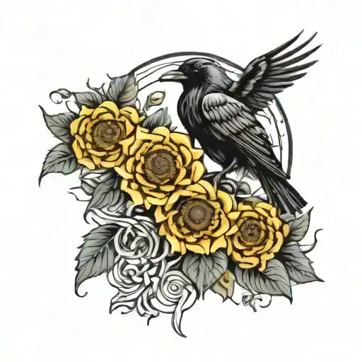 Raven Sitting On Sunflowers And Roses