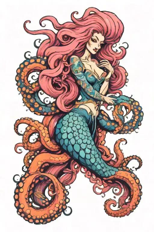 A Bright Blue Octopus With Long Tentacles And A Mermaid With Long Pink Hair