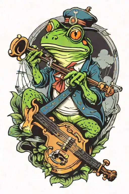 Frog With A Violin Sitting On A Sail Mast Smoking A Pipe