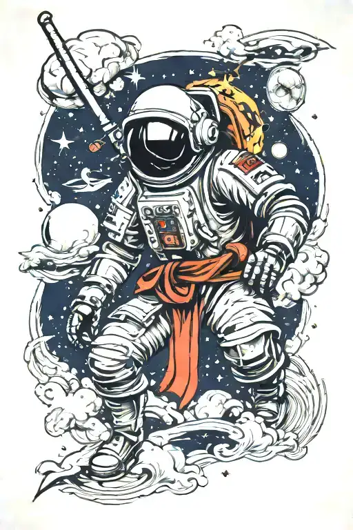 Samurai Astronaut Floating In Space