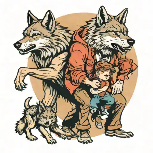 Man Protecting Two Kids From A Large Wolf