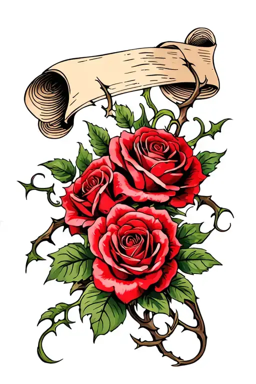 Red Roses With Thorns And Vines With A Scroll Ontop