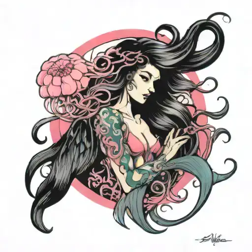 Pink Jellyfish And Mermaid With Long Hair And Bare Chest