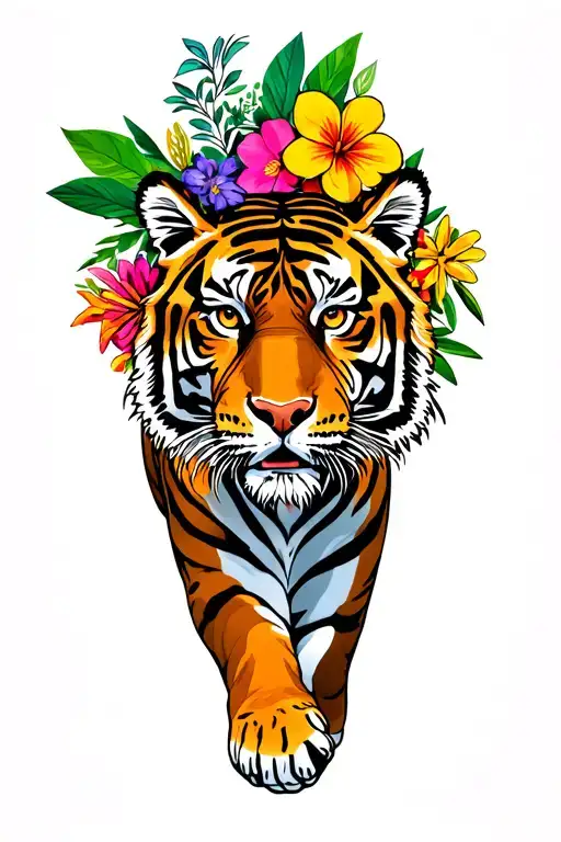 Tiger Walking Through Bouquet Of Native Hawaiian Flowers