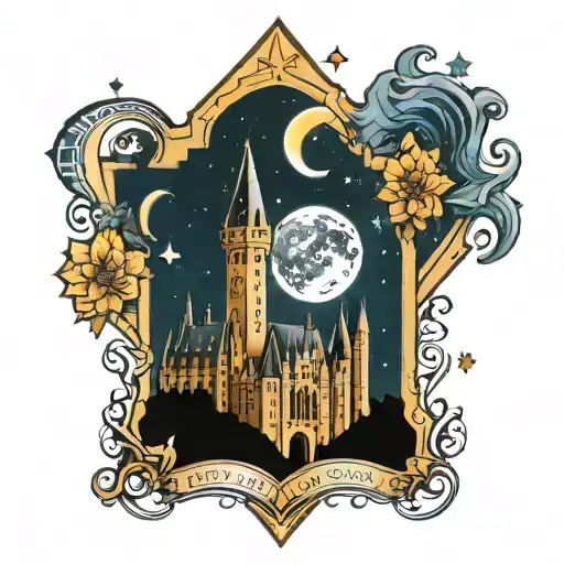 A Neotraditional Tattoo Of The Hogwarts Castle With The Leo Constellation In The Night Sky