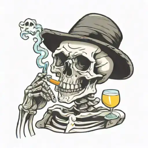 Skeleton With Drink And Cigarette And Hat