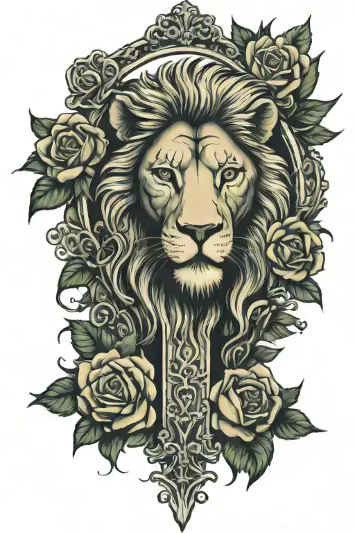 Cross With Roses And Lion Head Full Sleeve