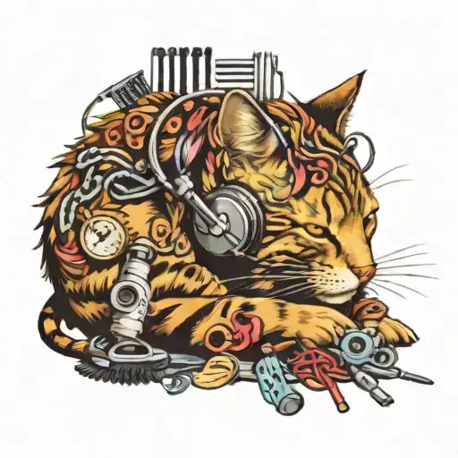 A Sleeping Cat Surrounded By Musical Notes And Hair Styling Tools