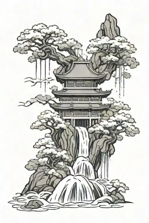 Japanese Temple Waterfall Flowing