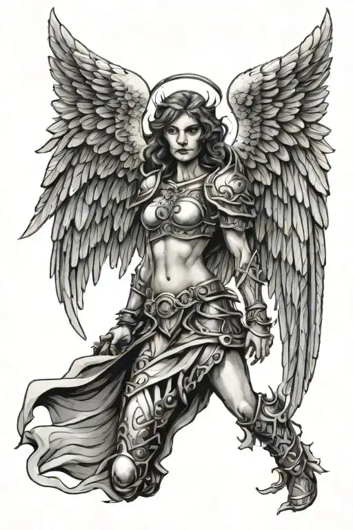 Haloed Female Warrior Angel With Wings From The Front