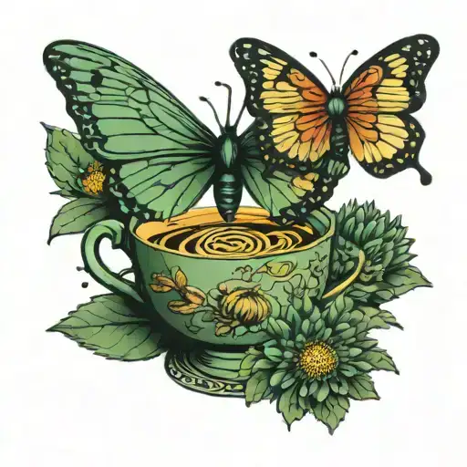Sage Green Tea Cup With Flying Moth Above It And Chrysanthemums Coming Out Of The Opening