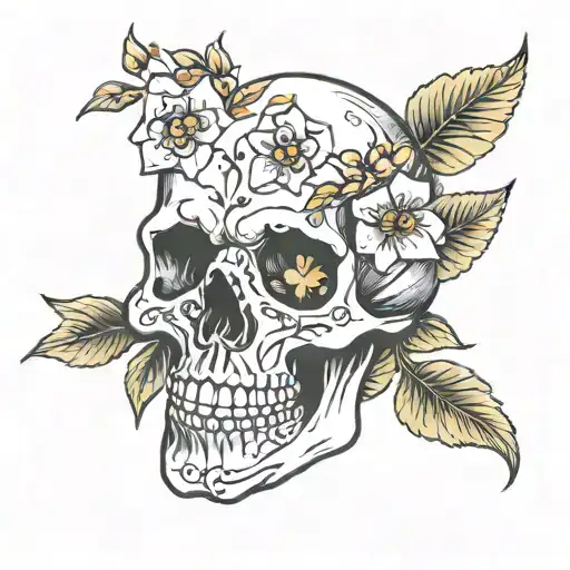 Skull With Flowers Leafs Cherry Blossom