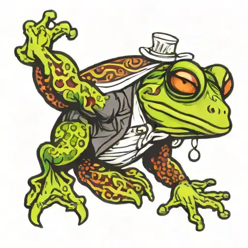 A Neotraditional Tattoo Of A Frog Doing A Tap Dance Routine In A White Vest