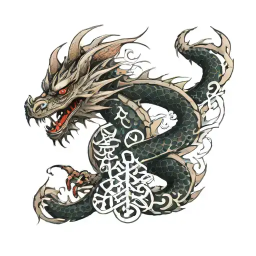 Dragon Rapped Around Spine With Japanese Writing